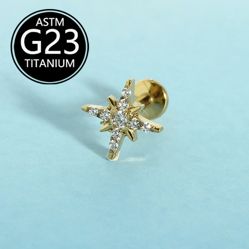 F136 Titanium Star Lip Stud Ear Stud with White Zircon, 1.2x10mm detail image 8
