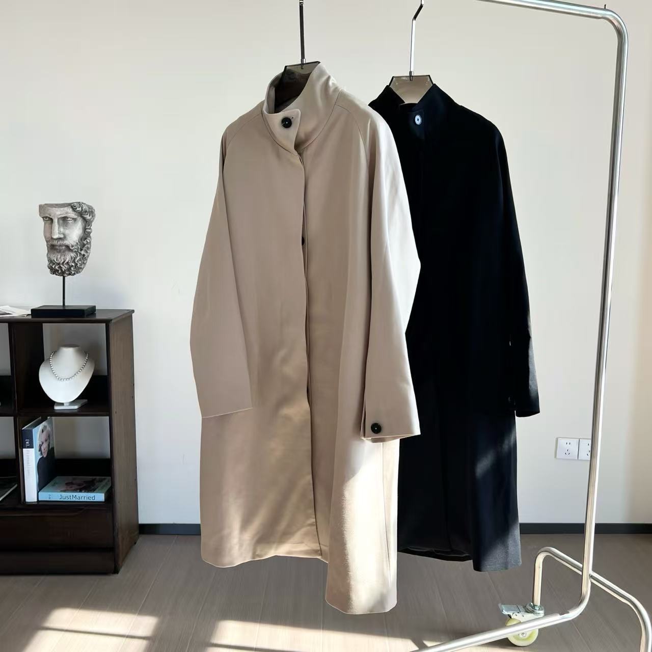 Italian High Luxury Gd New Version Triacetate Wool Blend Stand Collar Hidden Placket Long Stand Collar Trench Coat for Women