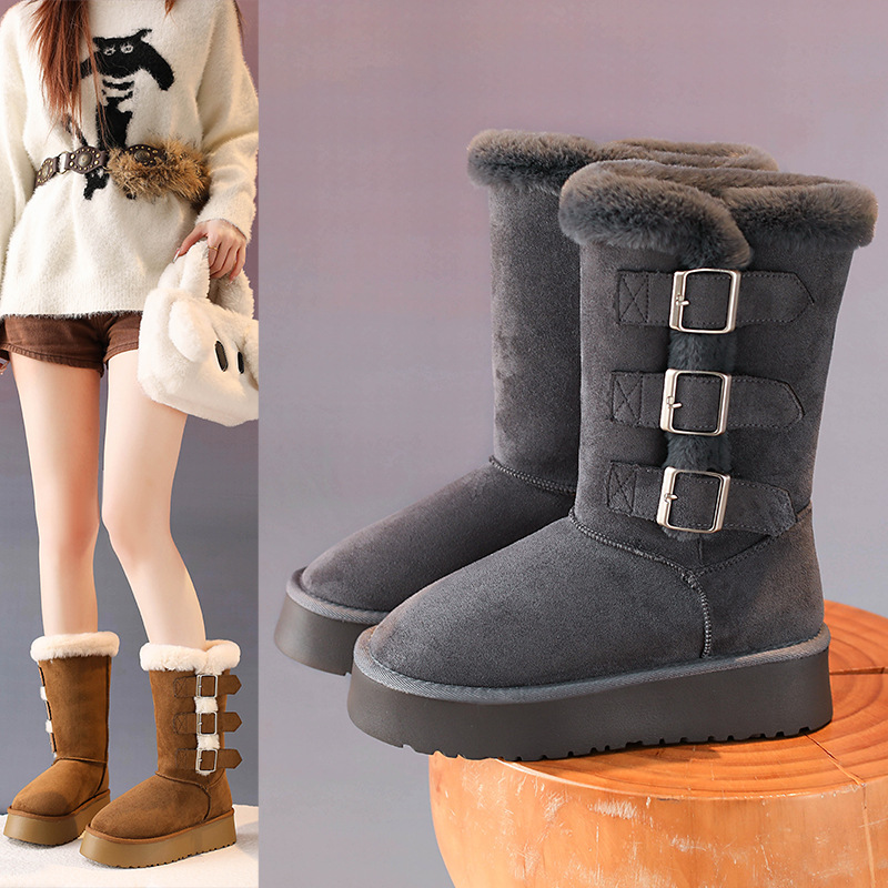 冬季保暖羊毛厚绒低跟雪地靴圆头粗跟厚底东北大棉鞋皮带扣短靴女