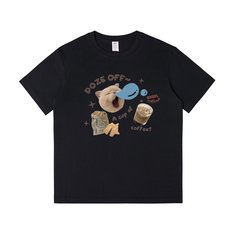 乳杏色正肩半袖tシャツ女性居眠り猫デザイン感小衆ゆるい純綿カジュアル上着卸売りtシャツ