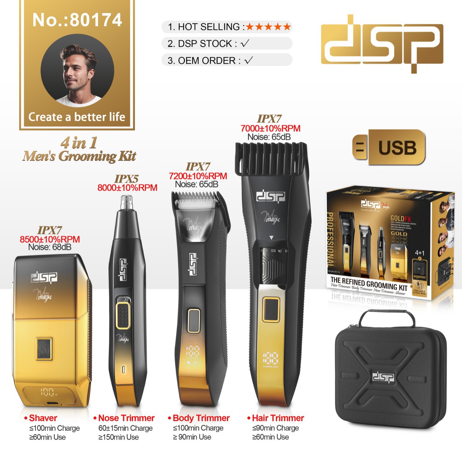 DSP/丹松 理发器电推剪4合1多功能家用USB充电式电动理发剪套装