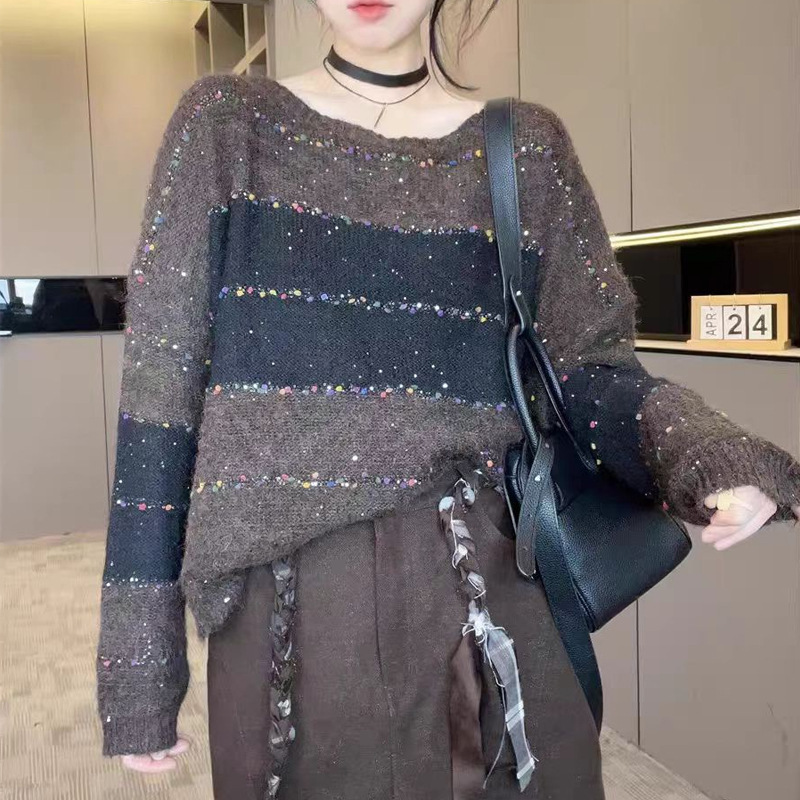 毛衣女2025秋季新款欧洲站慵懒风宽松百搭撞色拼接针织衫长袖上衣|undefined