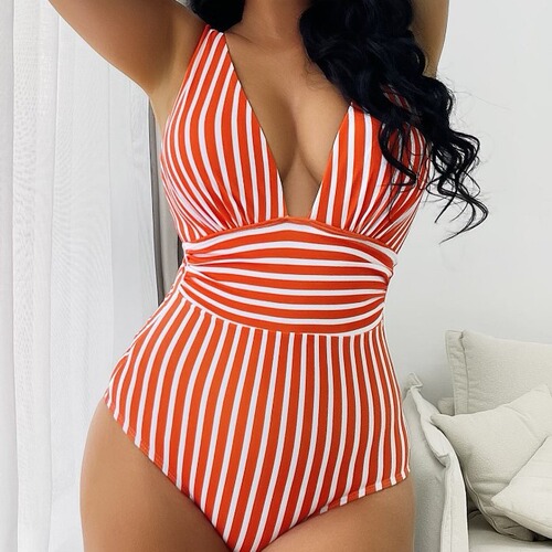 European and American style triangle one-piece swimsuit, sexy striped swimsuit, women's multi-color printed bikini