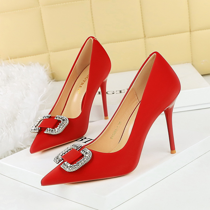 3265-K69 Socialite Banquet High Heels Rhinestone Satin Single To Match Dress Pointed Toe Shallow Mouth Elegant Women's_vogvips.com