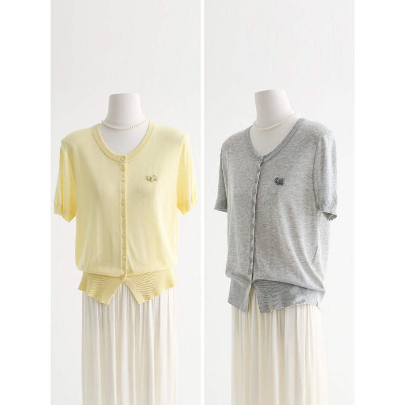 Fun Biscuit Puppy Breathable Linen Round Neck Single Breasted Short Sleeve Sweater Lyocell Cardigan Women Z111