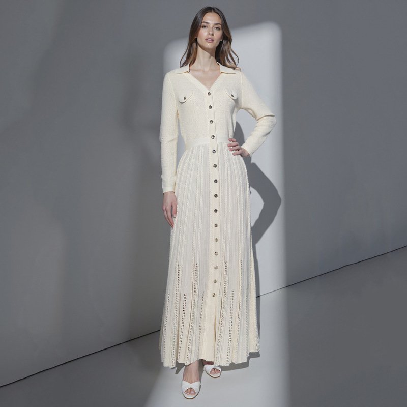 Tweed Style Lapel Knitted Dress Single Row Metal Buckle Waist Long Pleated Skirt Work Clothing Elegant Long Skirt