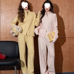 秋冬慵懒新款针织套装拉链小众休闲时尚开衫年轻毛衣阔腿裤两件套