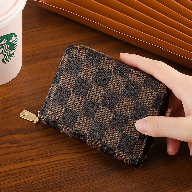 Zipped Card Holder Wallet, Compact Capacious Organizer, Brown Grid / Blue Plaid, 6×3.5×7.5 cm
