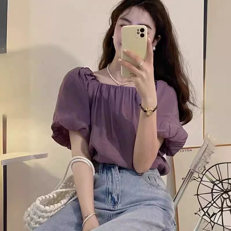 Little Xiangfeng Design Чувство корейского Chic Bubble рукава складка дикая рубашка женская плечевая темперамент с короткими рукавами