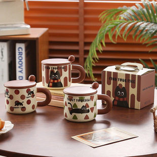 Cat Mug with Lid Spoon High-value Cup Ceramic Girl's Household Water Cup Office Coffee Cup Accompanying Gift