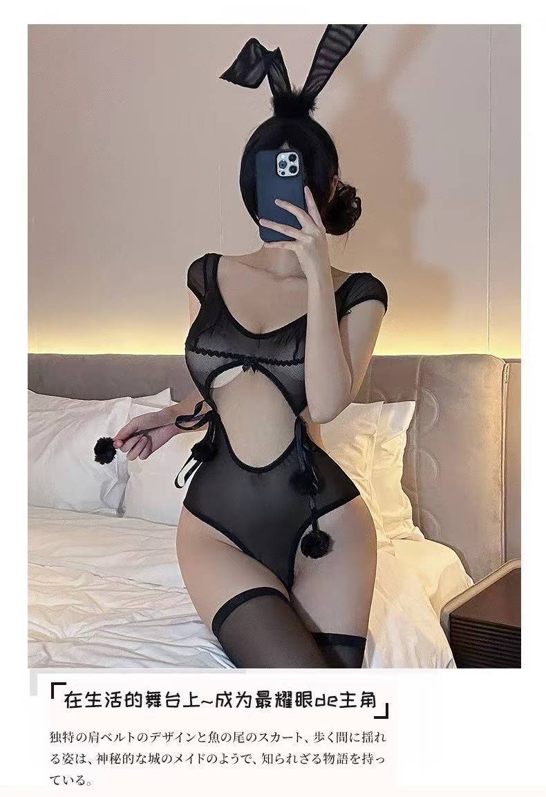Bunny Girl Bodysuit Costume Set with Ears and White Stockings, Grey Sheer Polyester — detail image 8