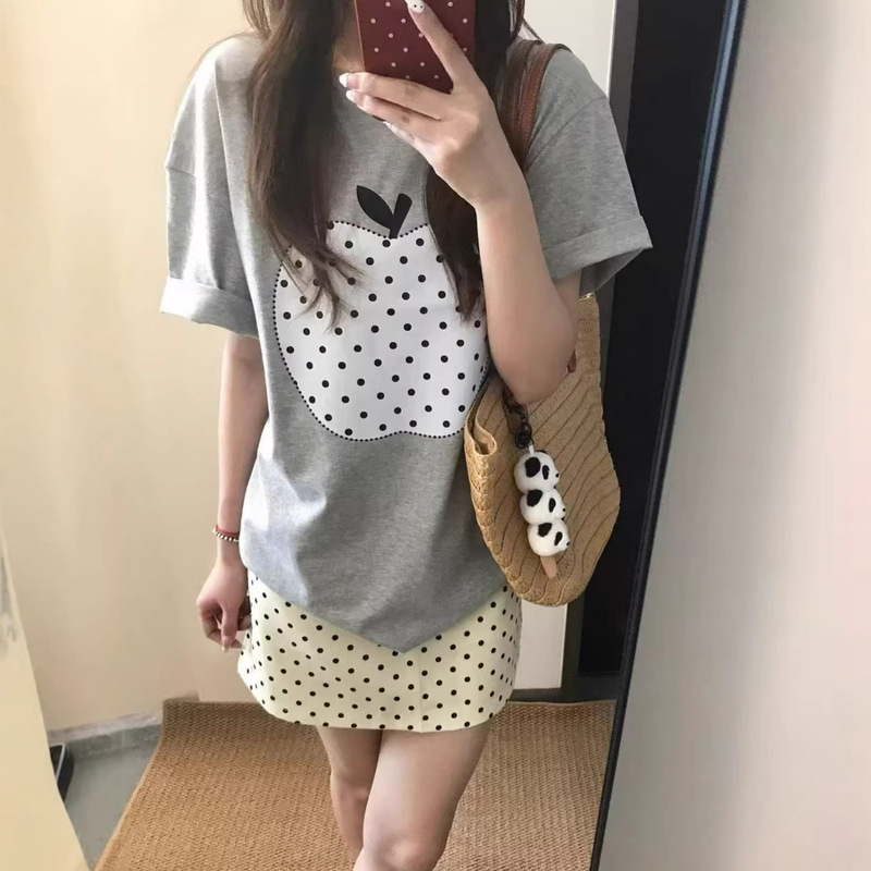 Milk Silk Korean Style Lazy Cute Apple Polka Dot Print Short-Sleeved T-Shirt for Women Summer Loose Light Gray Top
