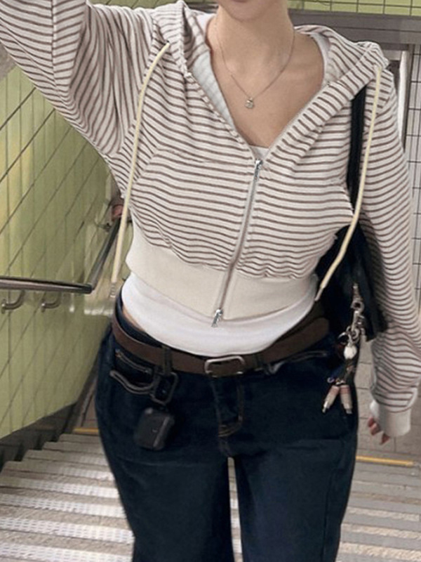 休闲条纹连帽拉链修身短款长袖卫衣女外贸新款收腰显瘦基础款外套|undefined