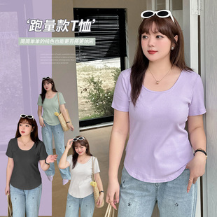 Right Shoulder Slimming Look and Soft Cotton T-Shirt Spring and Summer New Plus Size Women's Round Neck Bottoming Short Sleeve 140161