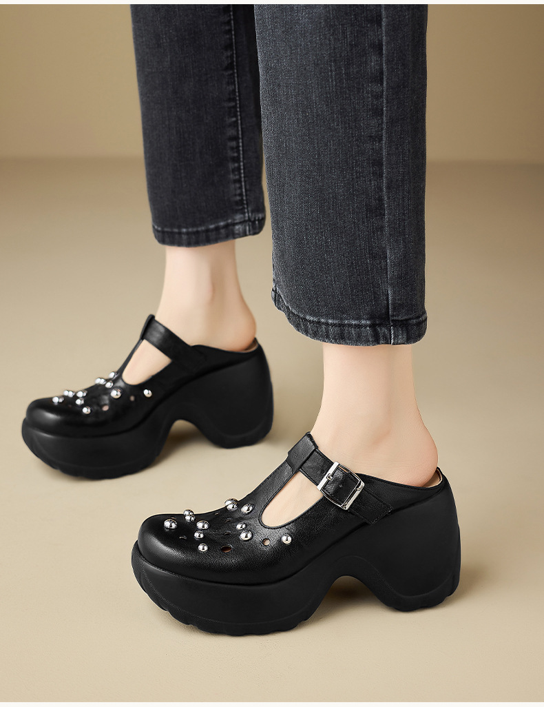 Dép sandal nữ quai chữ V đế tăng chiều cao, phong cách đi biển mùa hè — màu đen, màu trắng ngà chi tiết 8