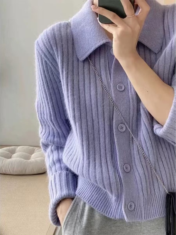 赵思璐时尚短款坑条POLO领羊毛针织开衫女秋冬加厚宽松显瘦羊|undefined