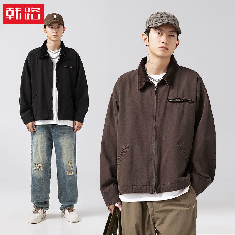 Vintage Washed Detroit Jacket for Men, New Spring Style, Japanese Loose Corduroy Patchwork Lapel Coat Q