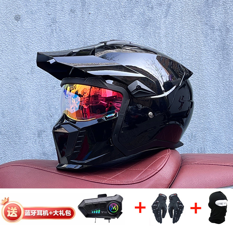 Orz Summer Retro Casco Four Seasons Black Warrior Combination Casco Hombre Motocicleta Half Casco Full Casco Locomotora Hombres y mujeres