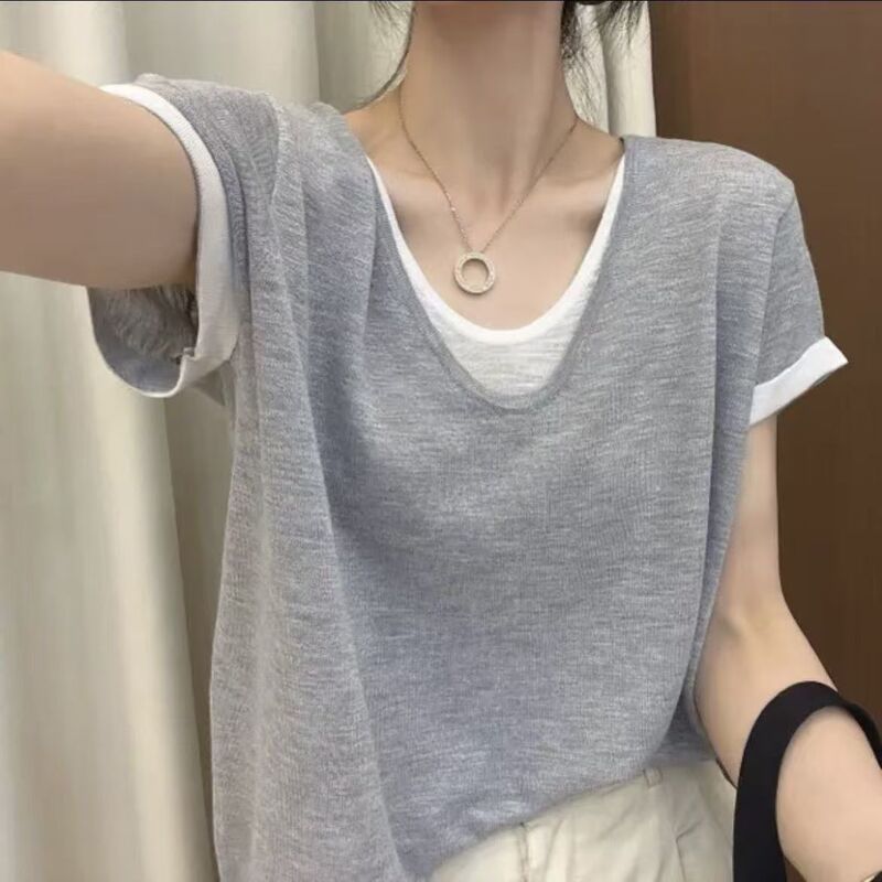 夏季新款假两件撞色v领短袖上衣女宽松遮肉显瘦百搭大码休闲t恤女|undefined