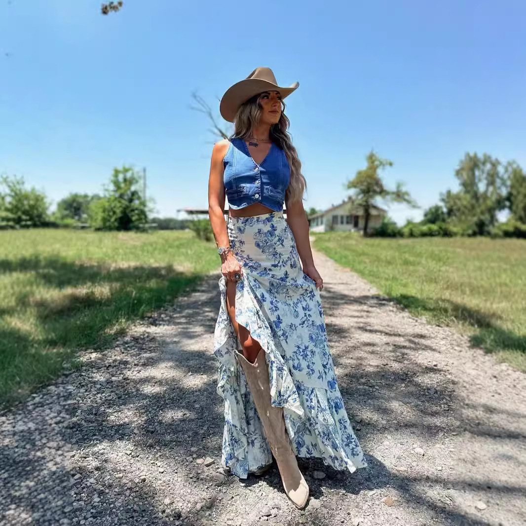 Cross-border 2024 Amazon Independent Station Women's Split Printed Pleated Skirt