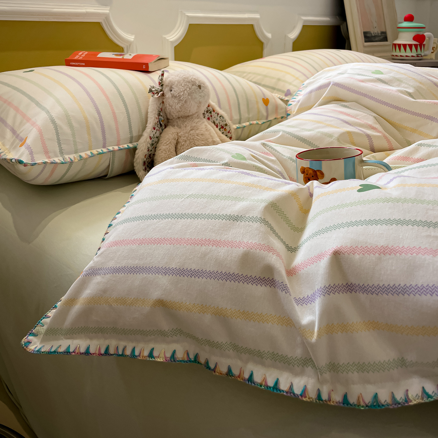 100% algodón clase A algodón madres y bebés borde de concha molido cuatro piezas de sábanas de algodón puro cama dormitorio cubierta de edredón
