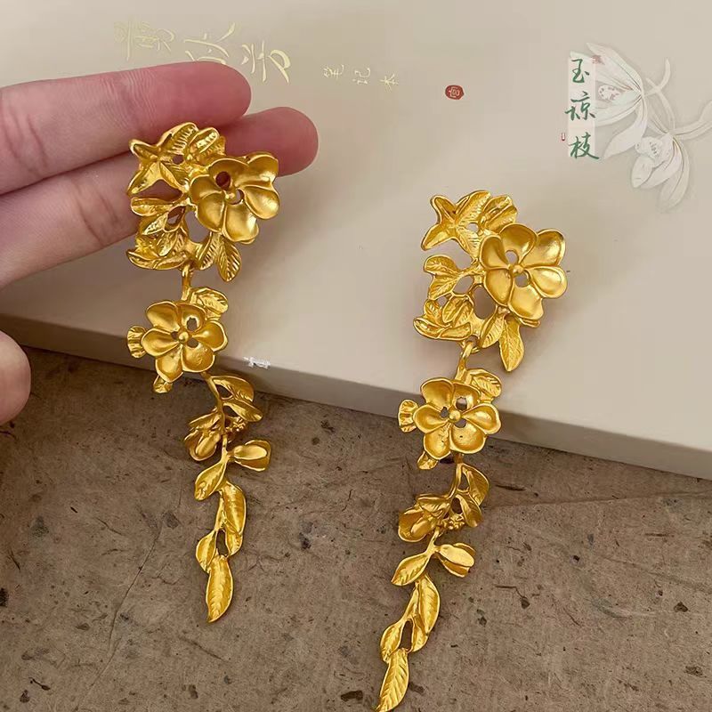 复古鎏金花朵流苏耳环女秋冬轻奢高级感耳钉小众夸张气质耳坠耳饰|undefined