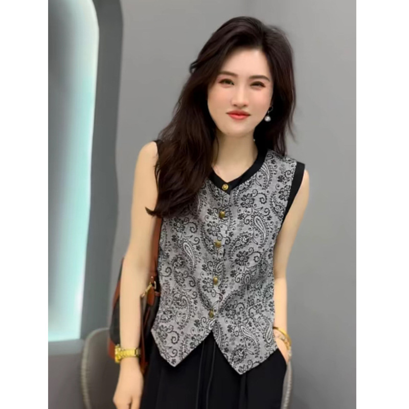 2025 New Summer Style Retro Ethnic Style Printed Cut-Sleeved T-Shirt Women's Fashion Design Super Nice Sleeveless Vest