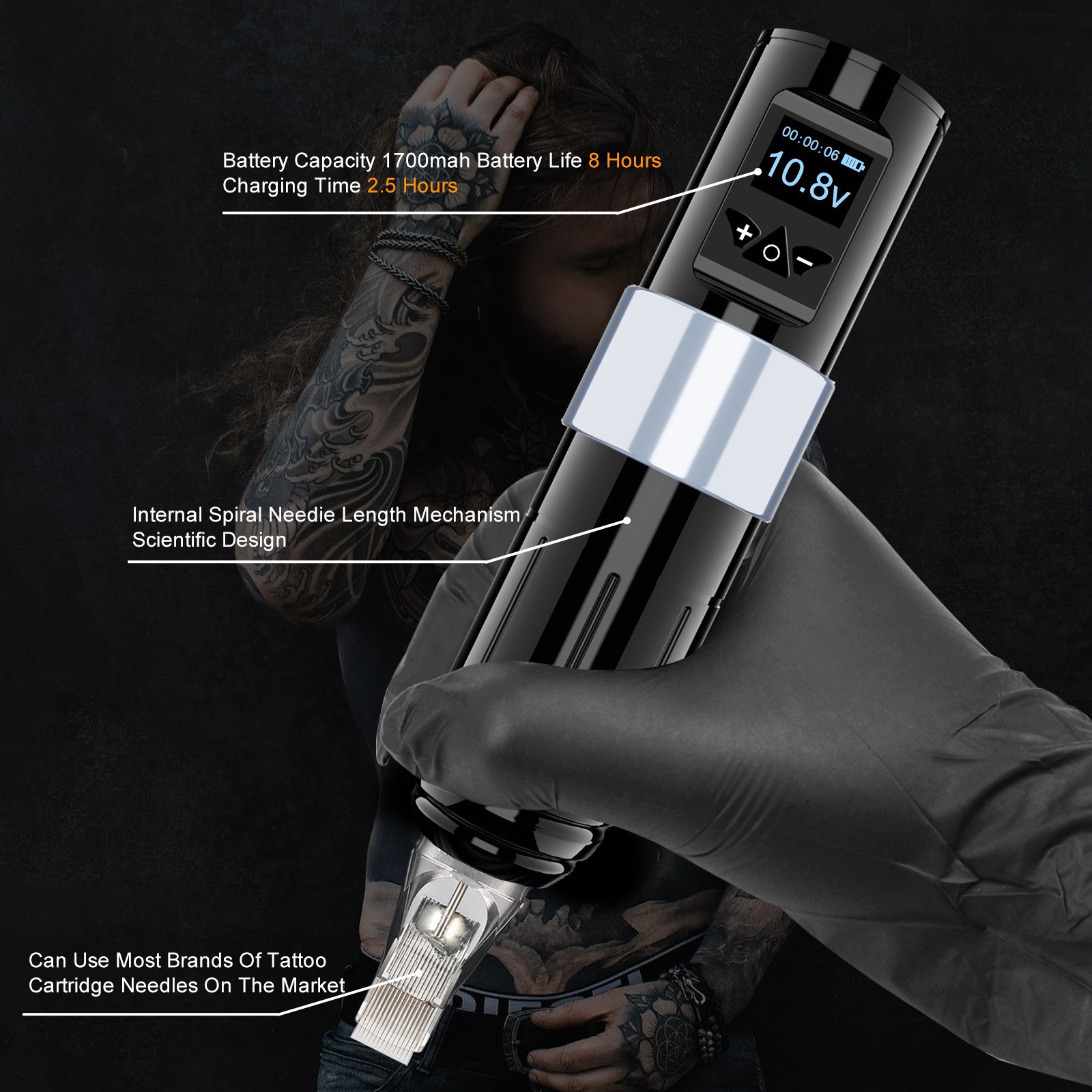 Equipo de tatuaje Tuffking de segunda generación con batería y motor sin escobillas, máquina todo en uno para dibujo de líneas y sombreado con pantalla grande.