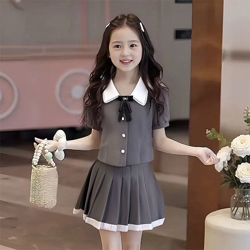 女の子スーツ夏服 2025 新しい韓国カレッジスタイルリボンファッショナブルな半袖トッププリーツスカート 2 点セット|undefined