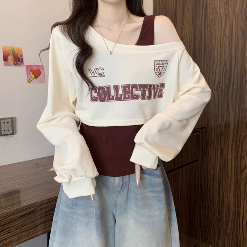 American-Style Off-Shoulder Short Long-Sleeve Sweatshirt for Women, Autumn Petite Loose Chic Stunning Top Two-Piece Set