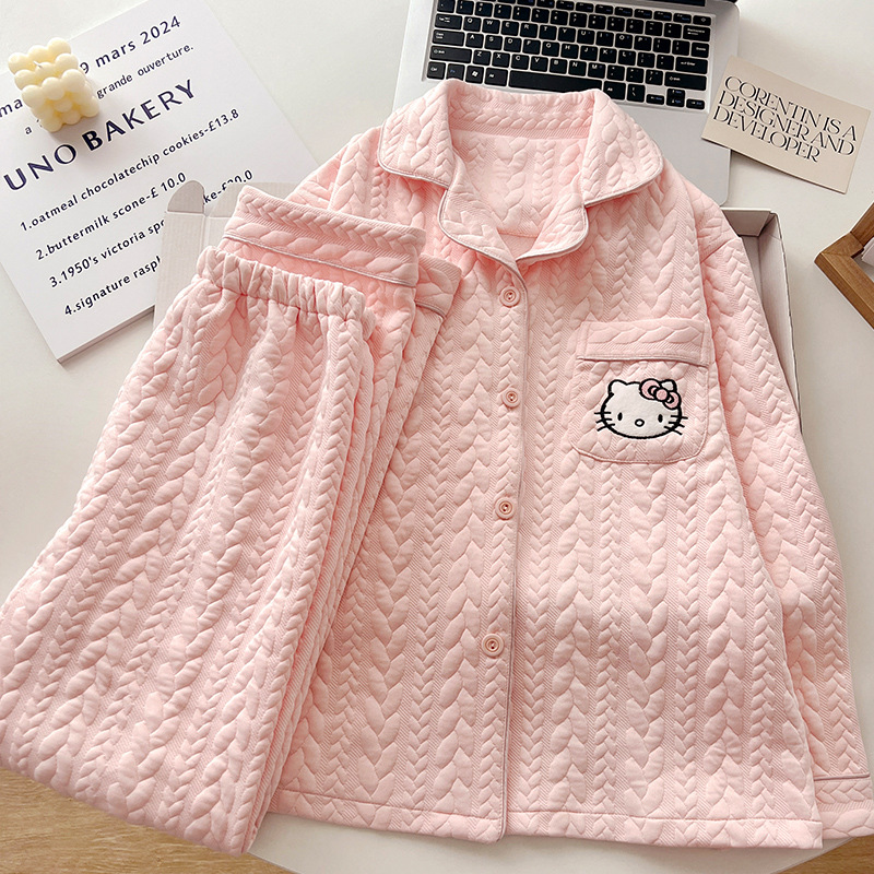 (2개) 고급 핑크 키티 고양이 잠옷 여성의 가을과 겨울 두꺼운 공기 면 긴팔 바지 귀여운 홈 옷