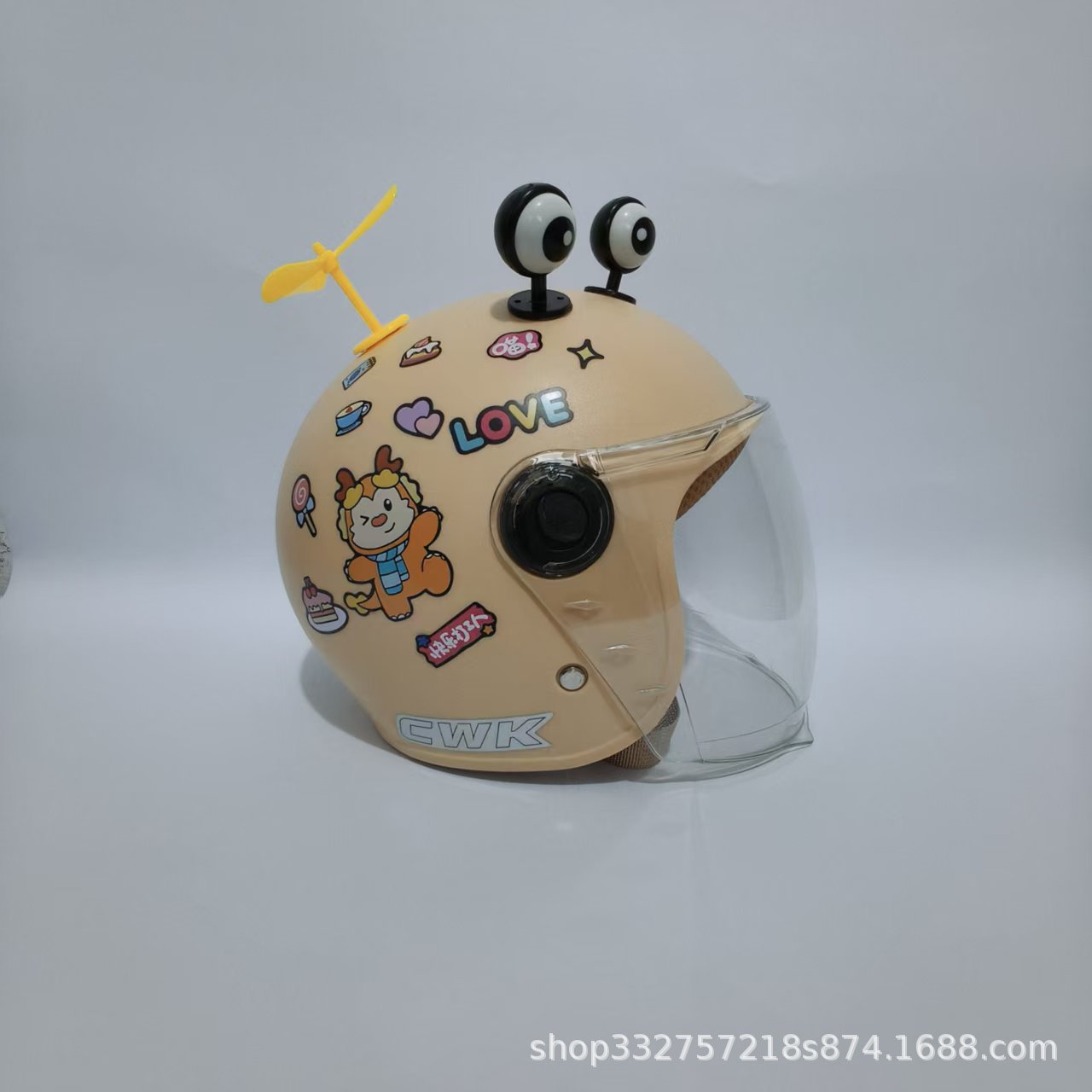 Motosiklet kaskı (dəbilqə): Motuoche Helmet - khaki-scarf-dragon-transparent-long-visor-black-eyes-yellow-windmill-3c-children-1-6-years-old-wl07