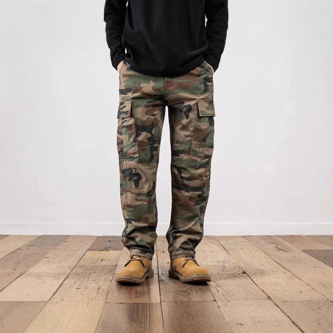 Pure Cotton Workwear Camouflage Pants Autumn New Straight Casual Pants Elastic Waist Multi-Pocket Long Pants Outdoor Trendy Men's Pants