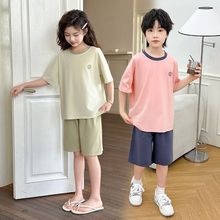 儿童家居服套装青少年落肩宽松男童短袖短裤冰瓷棉睡衣女孩空调服