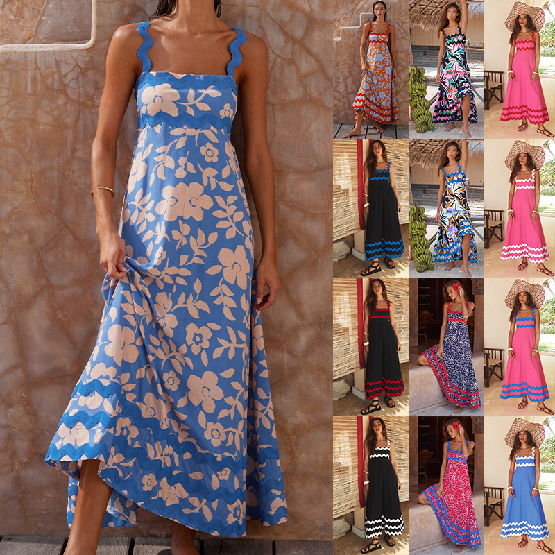 Spring New Cross-border Women's Fashion European And American Printed Vintage Bohemian Style Long Strap Dress_ecoleips.com