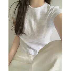 BM风 新款蓝白条纹正肩短袖t恤女棉半袖设计感小众bm修身短款上衣