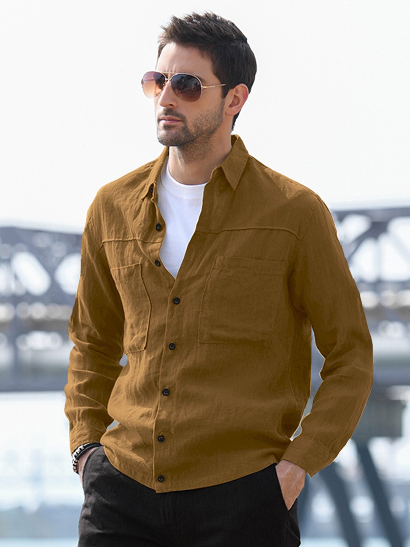 Ropa de hombre transfronteriza nueva juventud suelta más el tamaño de los hombres de color sólido simple solapa de manga larga Camisa de algodón y lino en stock Generación de cabello