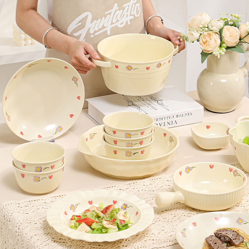 Cream Style High Beauty Value Dishes and Dish suit Household Rice Bowl Soup Bowl Double Ear Bowl Ceramic Bowl Underglaze Color Ceramic Tableware