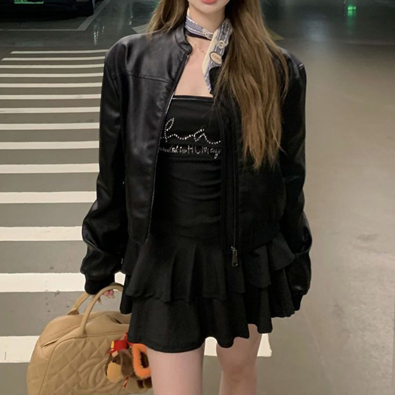 潮酷安可拉红pu皮衣外套女秋季2025新款复古机车宽松夹克美式上衣|undefined