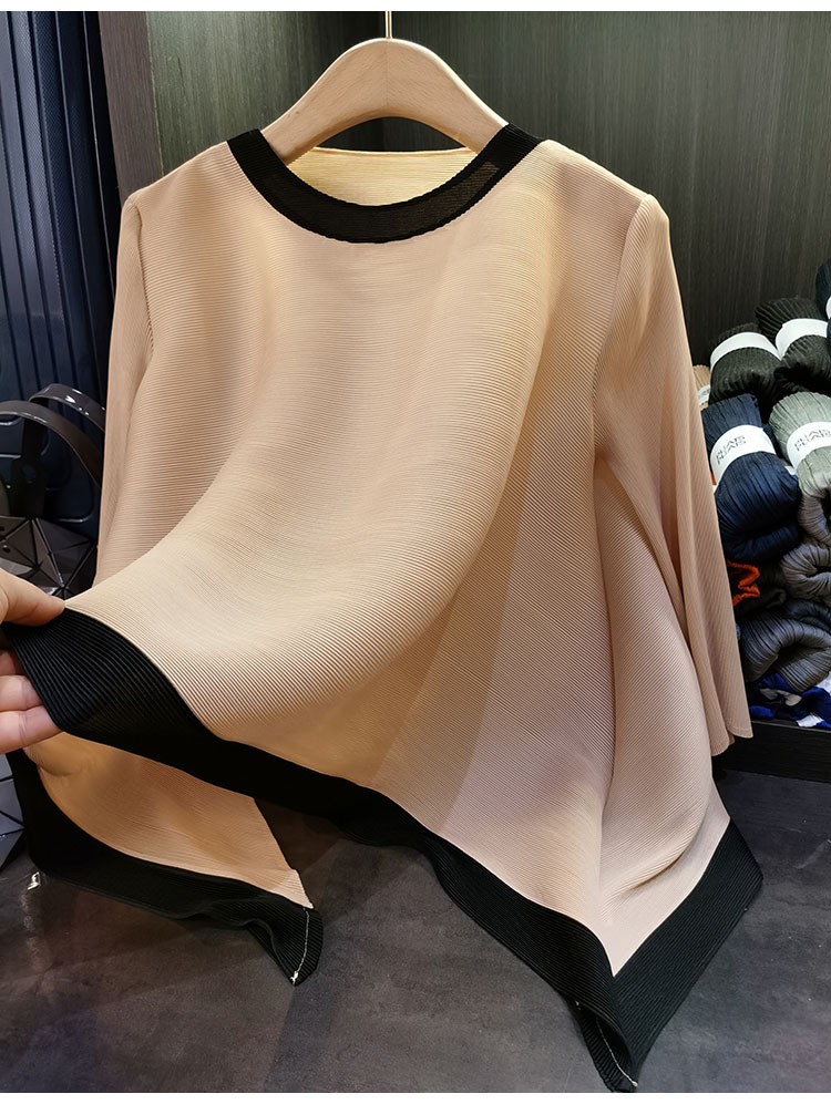 Áo thun nữ cổ tròn tay lỡ phối màu tương phản, dáng rộng xếp ly bất đối xứng — Màu xanh, Màu tím hồng, Màu đỏ hoa hồng, Màu hồng chi tiết 25