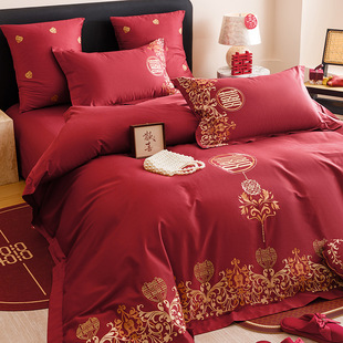 [Fushan Strawberry] New Chinoiserie Wedding Celebration Long-Staple Cotton Four-Piece Set Pure Cotton Red Wedding Bed Sheetss