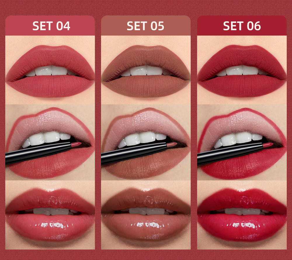 QIBEST Cross Border non-stick cup non-fading lip glaze matte mist moisturizing lip line set 3-in-1 Makeup undefined