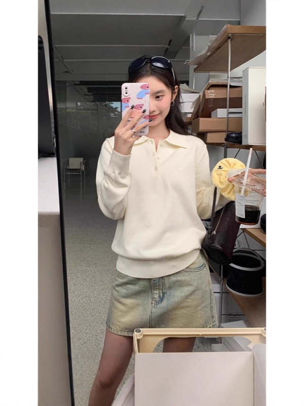 2025早春新款爆款小衫内搭打底衫上衣独特别致灰色polo领针织衫女|undefined