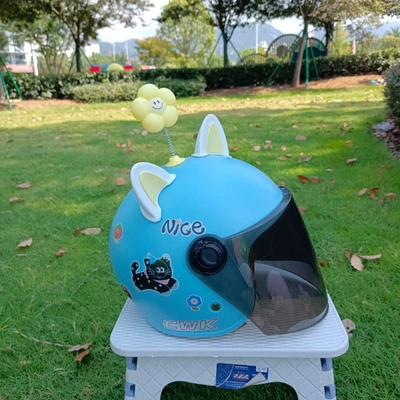 Electric Vehicle Helmet for Kidsren Aged: Motosiklet kaskı (dəbilqə) - black-cat-sticker-light-blue-tea-long-white-and-yellow-cat-ears-yellow-flowers-winter-helmet-for-1-8-years-old