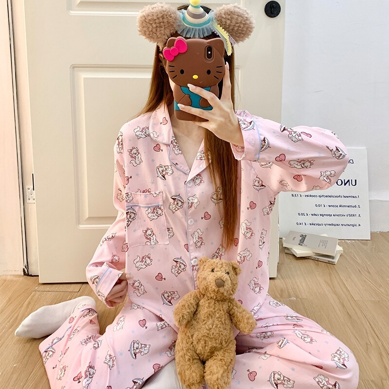 Korean New Style Women's Cloud Cotton Pajamas, Home Wear, Long-Sleeved and Long-Pants, Loose Casual Thin Cartoon Set for Girls Korean New Style Women's Cloud Cotton Pajamas, Home Wear, Long-Sleeved and Long-Pants, Loose Casual Thin Cartoon Set for Girls