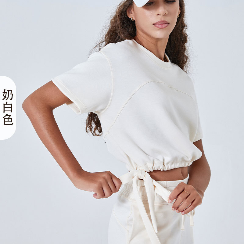 2025 verano nuevo aire capa de algodón hombre ropa de yoga pantalones cortos sueltos delgados cuello redondo tirado chaqueta de fitness