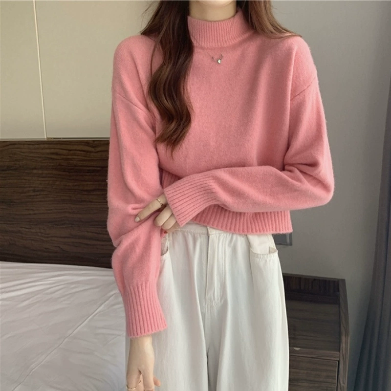 Короткий демисезонный вязаный свитер, французский фасон, для подростков, увеличенной толщины, с высоким воротником.
