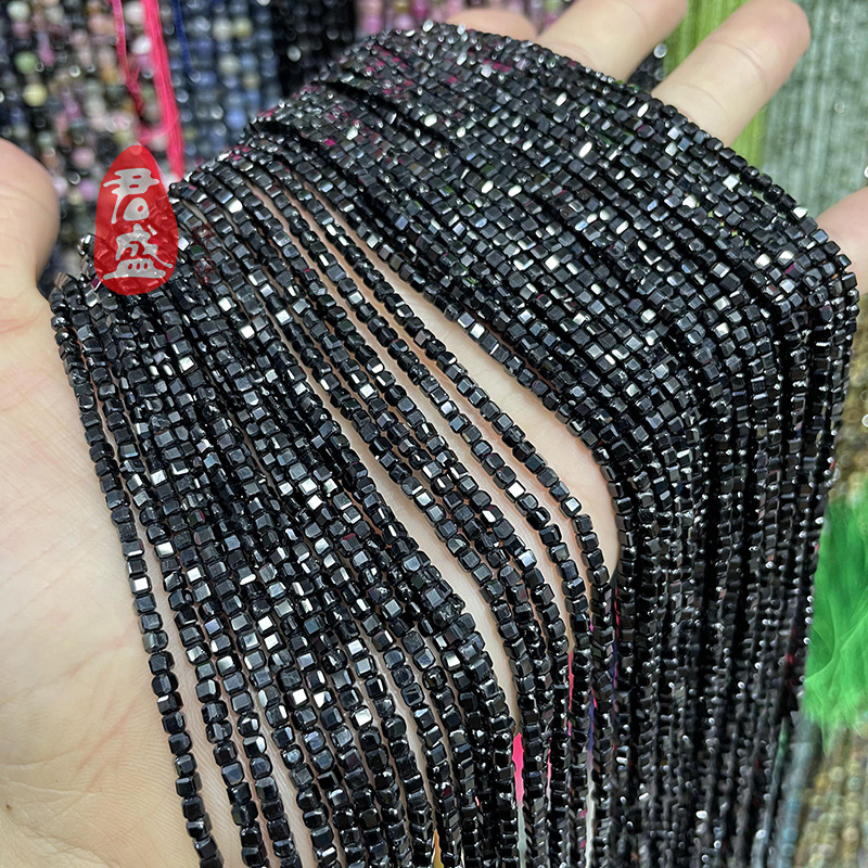 天然黑尖晶spinel 立體方塊方糖切面散珠手鍊diy飾品配件跨境批發