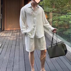 オールドマネースタイル日焼け止めリネンスーツメンズ夏ポニーロゴ刺繍長袖シャツルーズレイジードレープシャツ