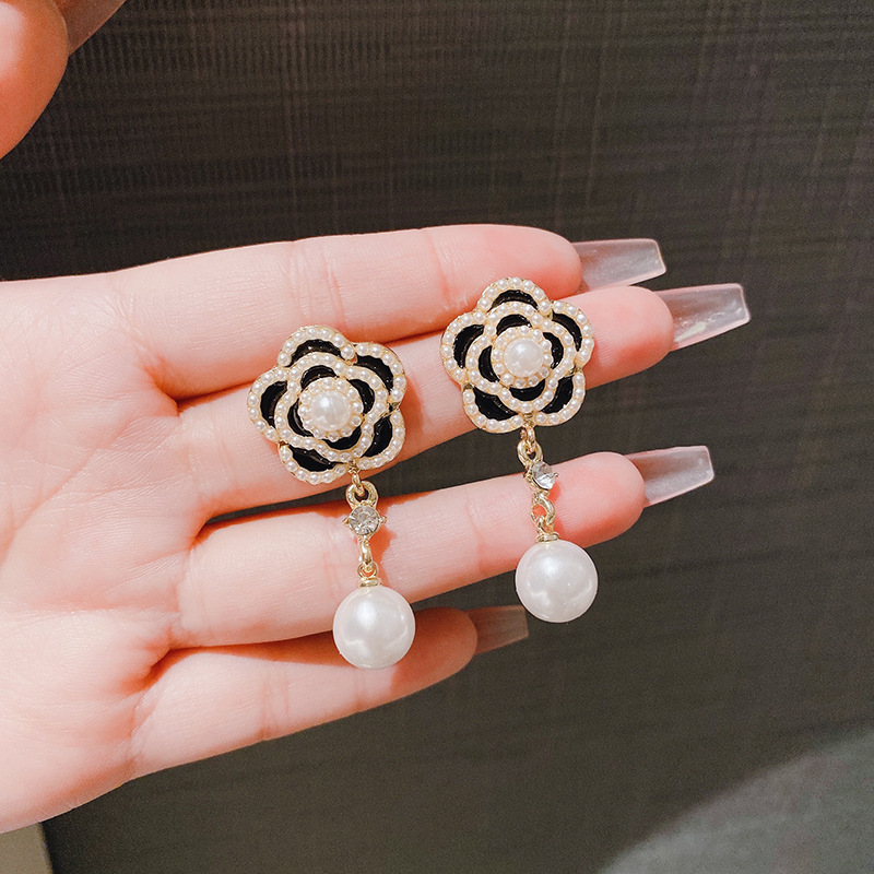 S925 aguja de plata dulce perla Camelia pendientes Rosa japonés y coreano retro perla flor gota de agua pendientes de perlas moda